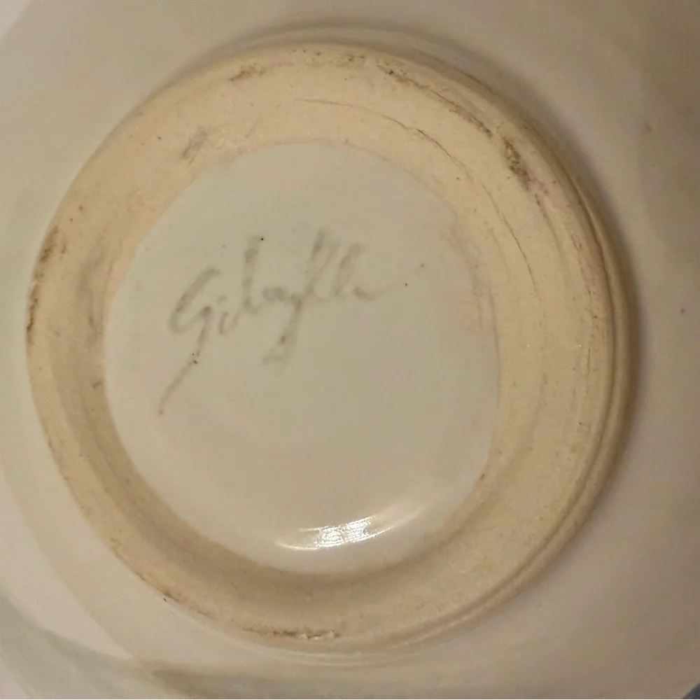 BOWL ASIAN STYLE TRANQUILITY FLORAL WHITE BLUE POTTERY SIGNED HANDMADE